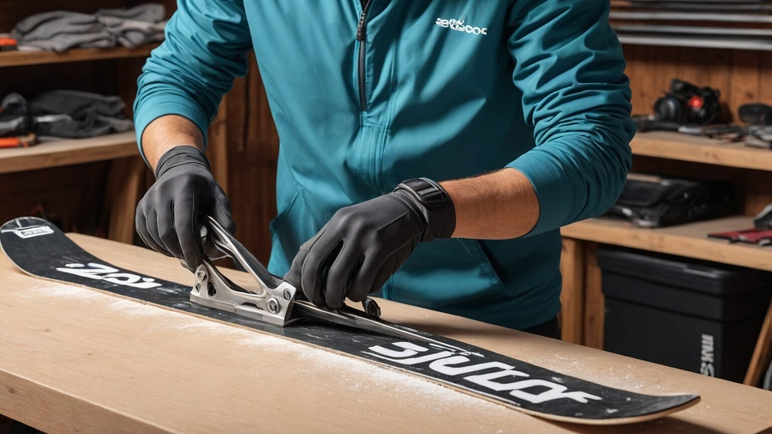 The image is shows a person cleaning the skis from the article how to store skis and ski gear.