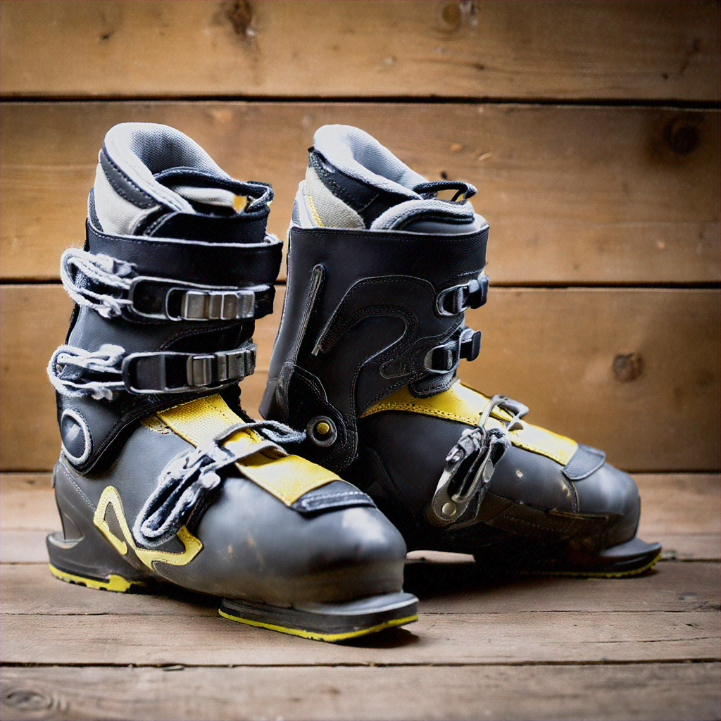 The image shows ski boots that have gotten old and rusty.