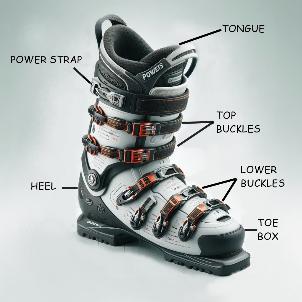 This image describes the features of ski boot and guides on how to wear ski boots.